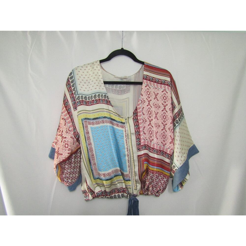 Willow & Root Women's Small Boho Patchwork Kimono Sleeve Tie Waist Blouse Festiv
